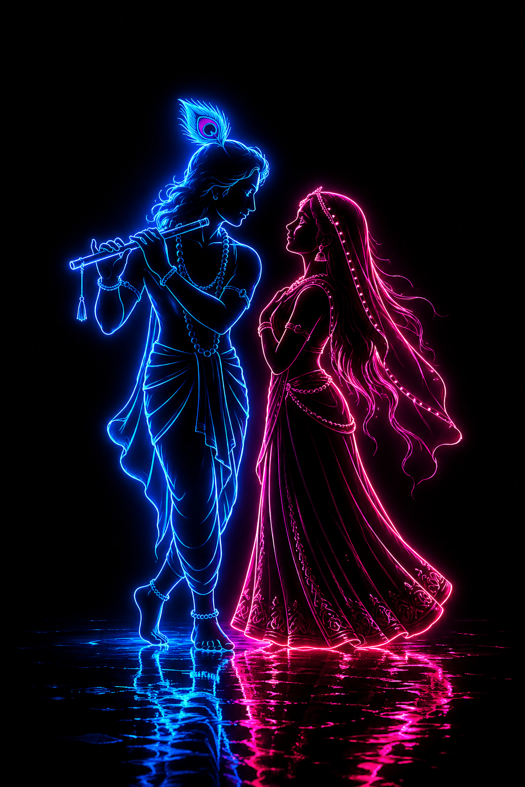 Radha Krishna neon aesthetic with blue and pink neon light silhouettes on black background wet ground
